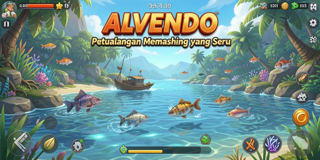 Screenshot gameplay ALVENDO menampilkan aksi memancing yang mendebarkan.