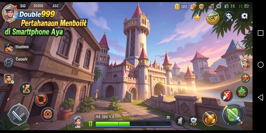 Screenshot gameplay DOUBLE999 menampilkan pertahanan menara yang strategis.