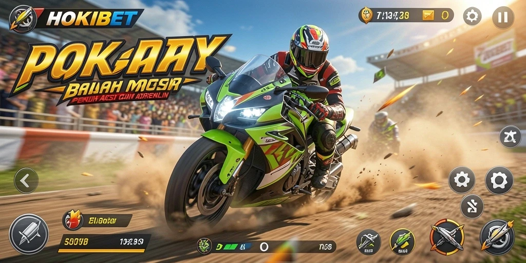 Tampilan seru HOKIBET dengan motor yang melaju kencang di lintasan balap.