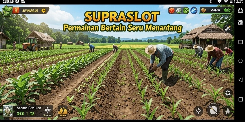 Tampilan gameplay SUPRASLOT dengan lahan pertanian yang indah.